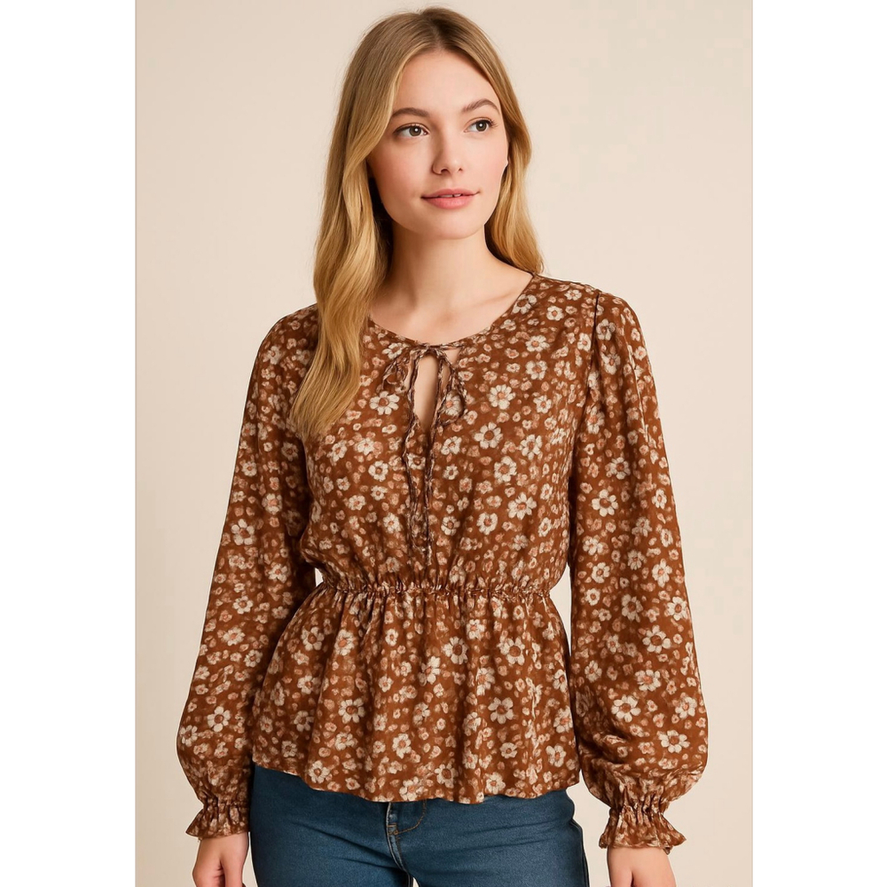 Women's MIKAROSE Brown White Floral Long Sleeve Top Sz‎ Lg Soft Boho Cottagecore